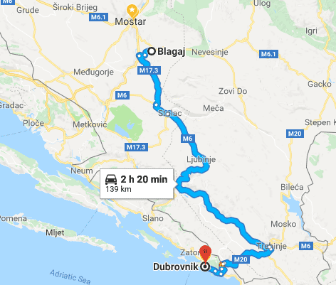 Dubrovnik to Bosnia route map