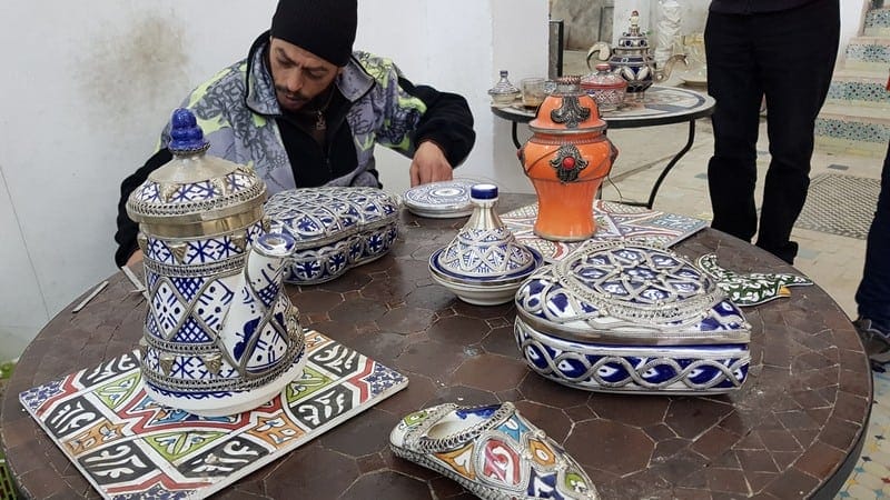 Mosaic Factory in Morocco: adding filigree to tea pots